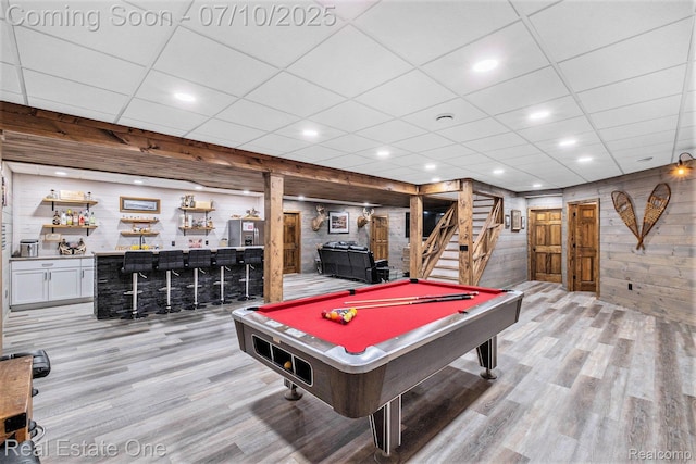 359 High Bluffs Dr, Ortonville, MI 48462 - rec room with a bar, light wood-type flooring, a drop ceiling, pool table, and recessed lighting