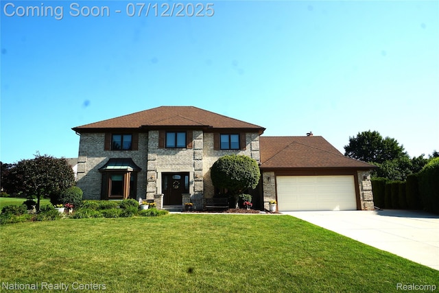 19230 Augusta Ct, Livonia, MI 48152 - view of front of house with a front lawn, driveway, an attached garage, and brick siding