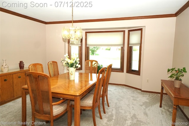 19230 Augusta Ct, Livonia, MI 48152 - dining room featuring a chandelier, light carpet, and ornamental molding