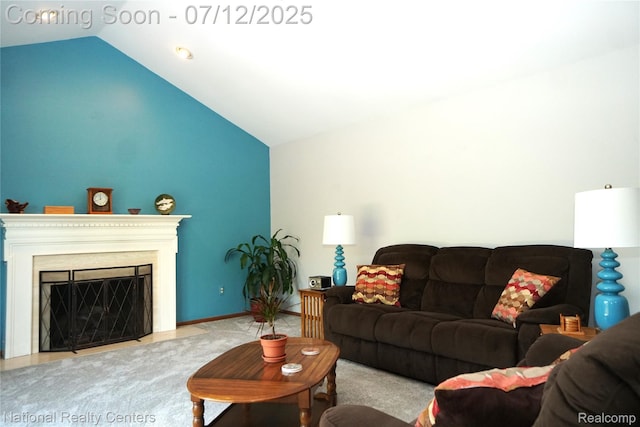 19230 Augusta Ct, Livonia, MI 48152 - carpeted living area with high vaulted ceiling and a fireplace