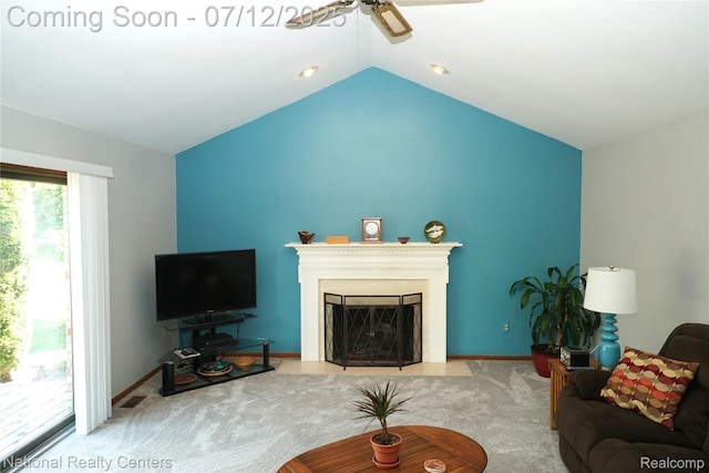 19230 Augusta Ct, Livonia, MI 48152 - living area featuring a ceiling fan, lofted ceiling, carpet, and a fireplace with flush hearth