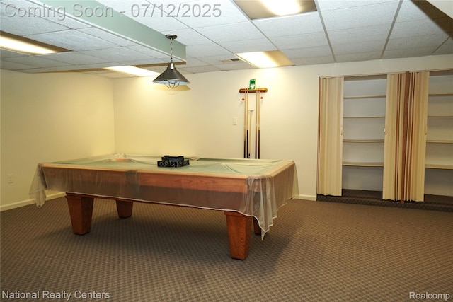 19230 Augusta Ct, Livonia, MI 48152 - game room with carpet flooring, billiards, and a drop ceiling