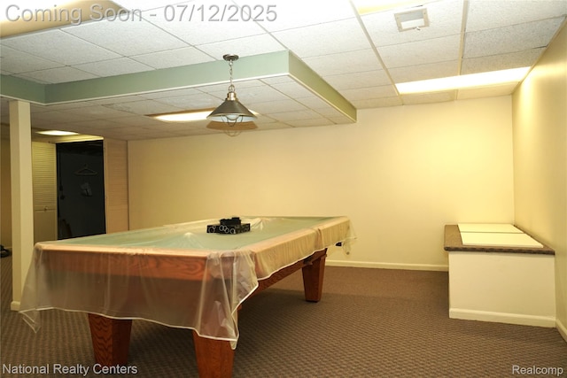 19230 Augusta Ct, Livonia, MI 48152 - recreation room featuring carpet floors, billiards table, and a drop ceiling
