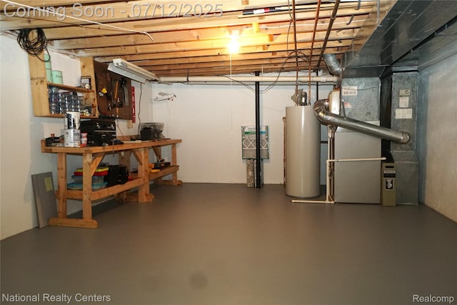 19230 Augusta Ct, Livonia, MI 48152 - unfinished basement featuring gas water heater, a workshop area, and heating unit