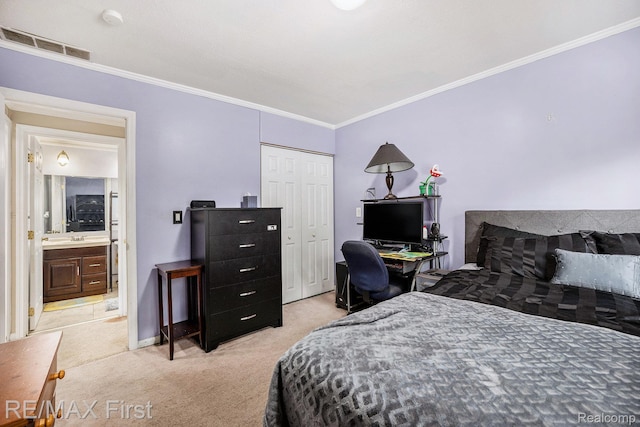 38683 Bayside Ct Unit 118, Clinton Township, MI 48038 - bedroom featuring light colored carpet, ornamental molding, and a closet