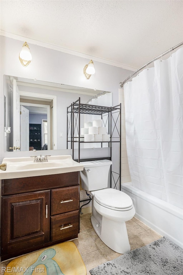 38683 Bayside Ct Unit 118, Clinton Township, MI 48038 - bathroom with ornamental molding, vanity, a textured ceiling, shower / bath combination with curtain, and tile patterned flooring