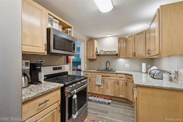 204 W Caroline St, Bellevue, MI 49021 - kitchen with stainless steel appliances, light brown cabinets, open shelves, and light wood-type flooring