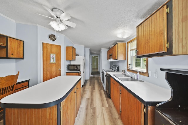 8756 Portage Lake Rd, Munith, MI 49259 - kitchen with white appliances, light wood-style floors, ceiling fan, light countertops, and a textured ceiling