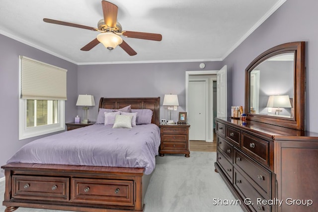 1060 Village Ln, Jenison, MI 49428 - bedroom featuring crown molding, light colored carpet, and a ceiling fan