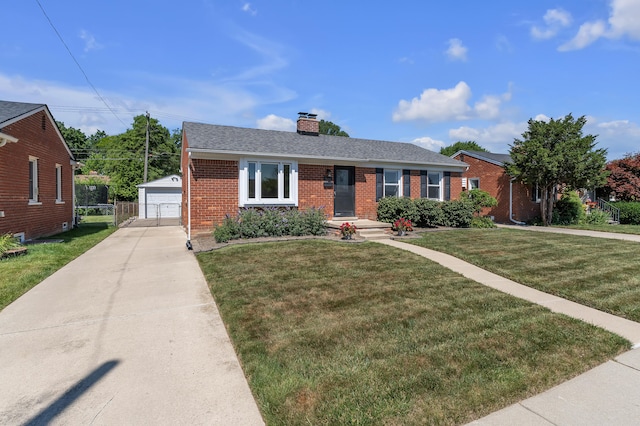 9623 Fairfield St, Livonia, MI 48150 - view of front of property featuring brick siding, an outbuilding, a chimney, and a front yard