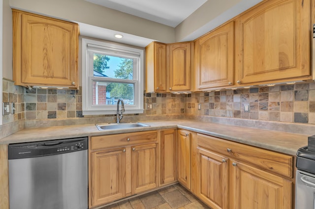 9623 Fairfield St, Livonia, MI 48150 - kitchen with stainless steel dishwasher, light countertops, decorative backsplash, light stone finish flooring, and recessed lighting