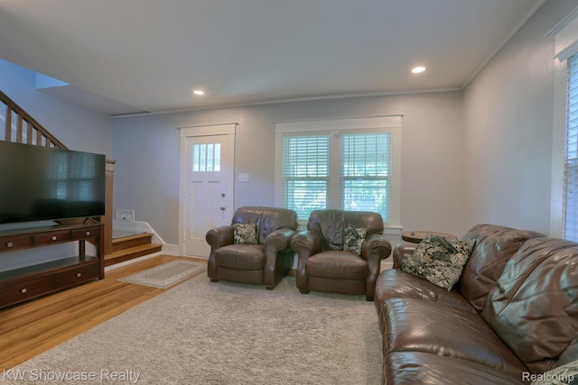 1828 N Lafayette Ave, Royal Oak, MI 48073 - living area featuring wood finished floors, stairs, ornamental molding, and recessed lighting