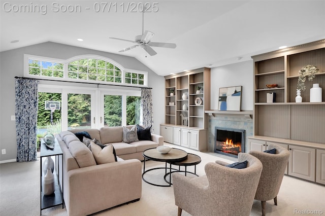 425 Fairfax St, Birmingham, MI 48009 - living area featuring lofted ceiling, a premium fireplace, a ceiling fan, light carpet, and recessed lighting
