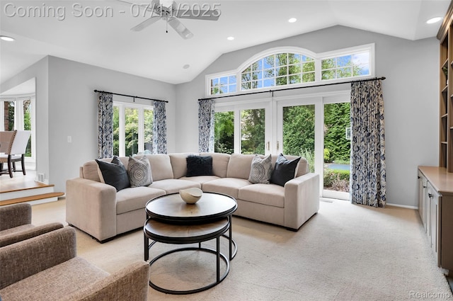 425 Fairfax St, Birmingham, MI 48009 - living area with ceiling fan, vaulted ceiling, light carpet, and recessed lighting