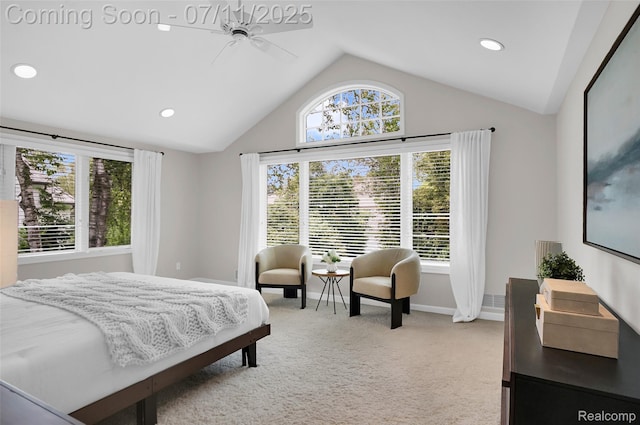 425 Fairfax St, Birmingham, MI 48009 - bedroom with light colored carpet, vaulted ceiling, recessed lighting, and ceiling fan