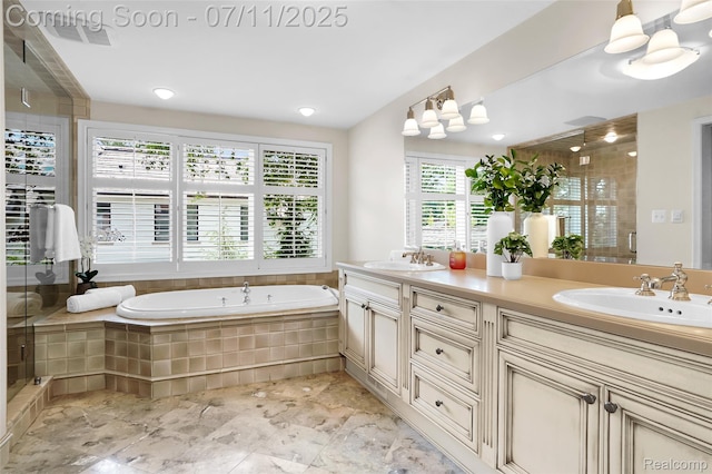 425 Fairfax St, Birmingham, MI 48009 - full bathroom with double vanity, a stall shower, a bath, and marble finish floors