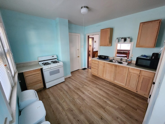 1110 Watkins St SE, Grand Rapids, MI 49507 - kitchen with white gas stove, black microwave, light brown cabinets, light wood-style floors, and light countertops