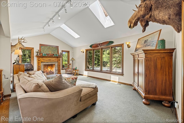25740 Farmbrook Rd, Southfield, MI 48034 - living area with a skylight, a lit fireplace, lofted ceiling, track lighting, and carpet flooring