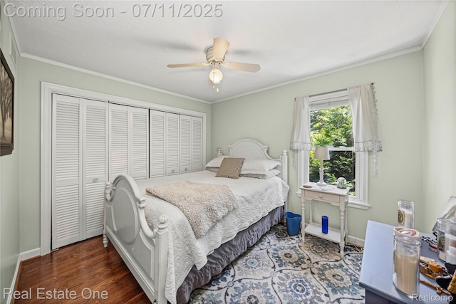 25740 Farmbrook Rd, Southfield, MI 48034 - bedroom featuring a closet, wood finished floors, crown molding, and a ceiling fan