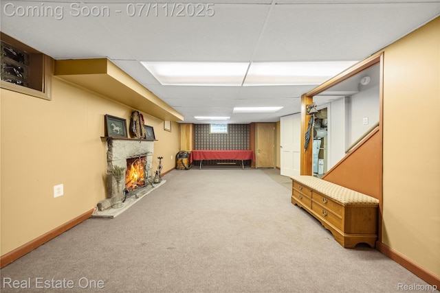 25740 Farmbrook Rd, Southfield, MI 48034 - finished basement with carpet and a stone fireplace
