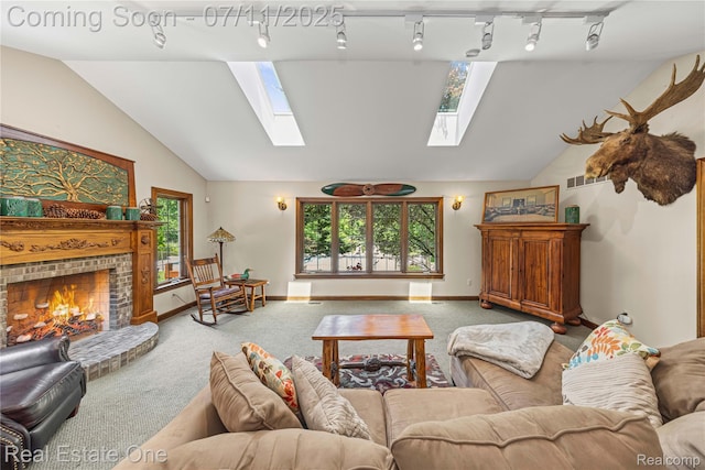 25740 Farmbrook Rd, Southfield, MI 48034 - living area with a skylight, rail lighting, carpet flooring, and lofted ceiling