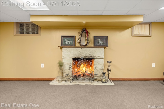 25740 Farmbrook Rd, Southfield, MI 48034 - detailed view of carpet floors, a paneled ceiling, and a fireplace