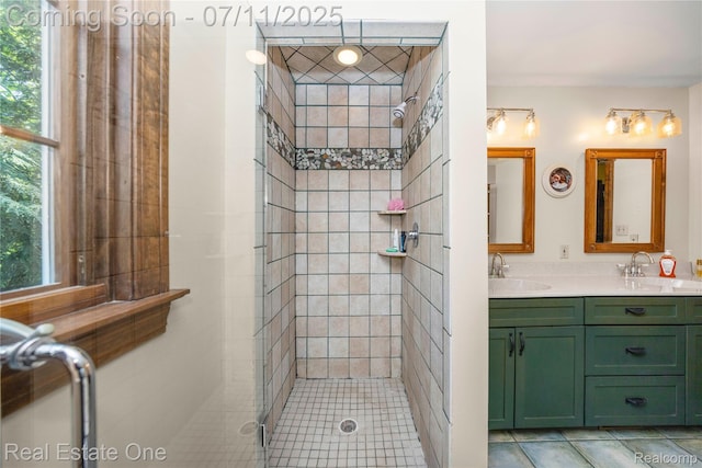 25740 Farmbrook Rd, Southfield, MI 48034 - full bathroom with tiled shower, double vanity, and tile patterned floors