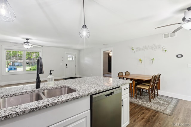 3416 Abbottsford Rd, Clyde, MI 48049 - kitchen featuring dishwasher, ceiling fan, dark wood finished floors, and white cabinetry