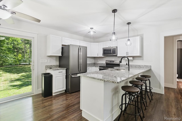 3416 Abbottsford Rd, Clyde, MI 48049 - kitchen with stainless steel appliances, a peninsula, white cabinetry, a breakfast bar, and dark wood-style floors
