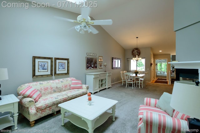 61001 Evergreen Ct, South Lyon, MI 48178 - living room with high vaulted ceiling, carpet, and a ceiling fan