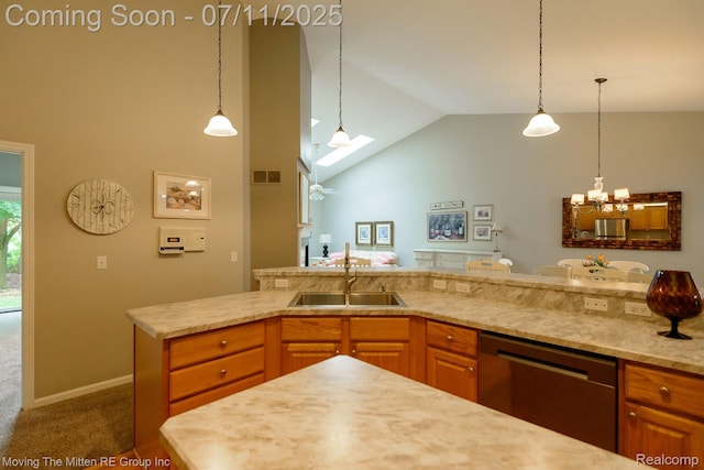 61001 Evergreen Ct, South Lyon, MI 48178 - kitchen featuring dishwasher, lofted ceiling, dark carpet, a skylight, and pendant lighting