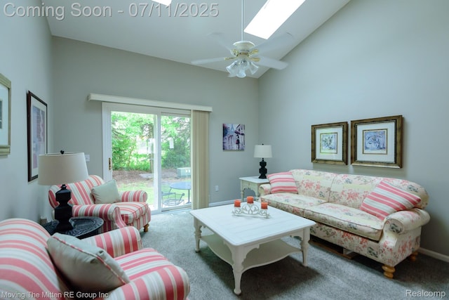 61001 Evergreen Ct, South Lyon, MI 48178 - living room featuring carpet floors, a skylight, a ceiling fan, and high vaulted ceiling
