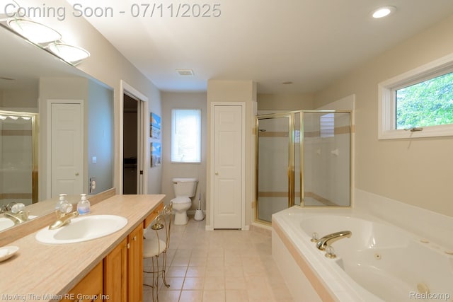 61001 Evergreen Ct, South Lyon, MI 48178 - bathroom with vanity, a shower stall, tile patterned floors, a whirlpool tub, and recessed lighting