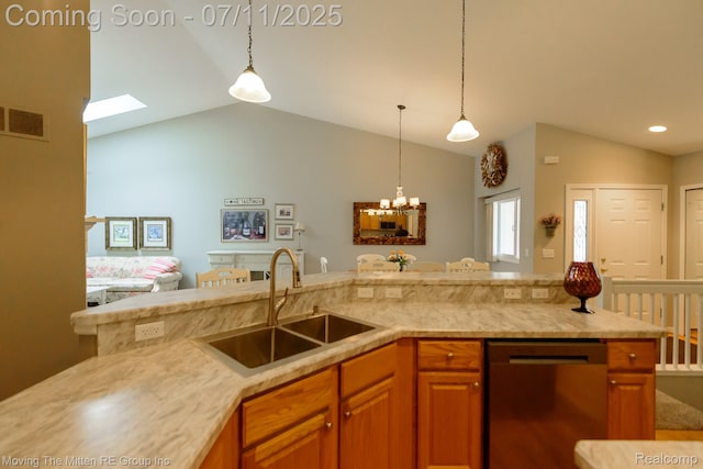 61001 Evergreen Ct, South Lyon, MI 48178 - kitchen with stainless steel dishwasher, vaulted ceiling, brown cabinets, open floor plan, and pendant lighting