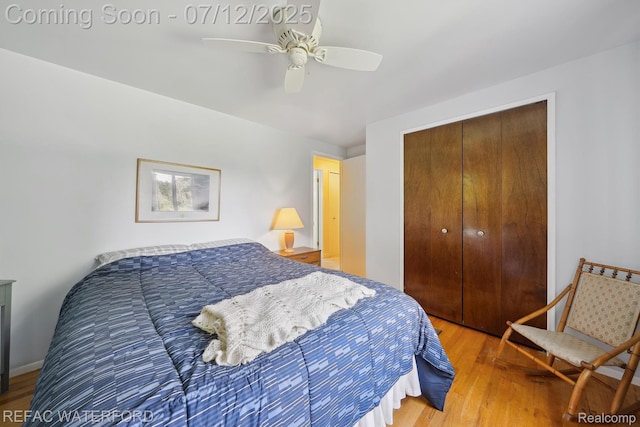 11857 Ely Rd, Davisburg, MI 48350 - bedroom featuring a closet, light wood-type flooring, and a ceiling fan