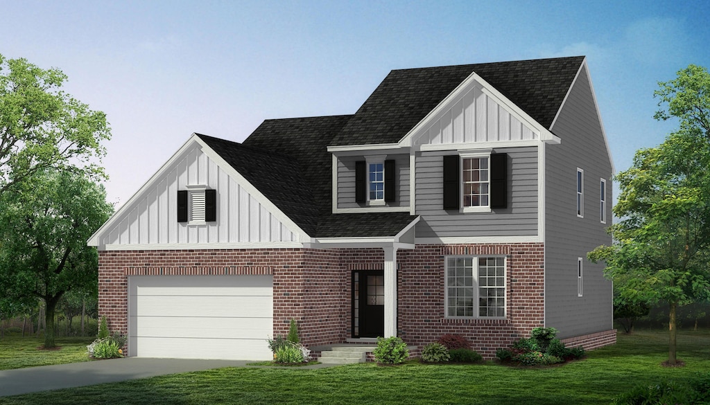 1599 Chanticlair Cir, Wixom, MI 48393 - view of front facade featuring board and batten siding, brick siding, driveway, a front yard, and a shingled roof