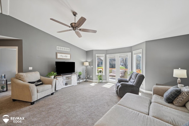 9164 Emily Dr, Davison, MI 48423 - carpeted living area featuring a ceiling fan and high vaulted ceiling