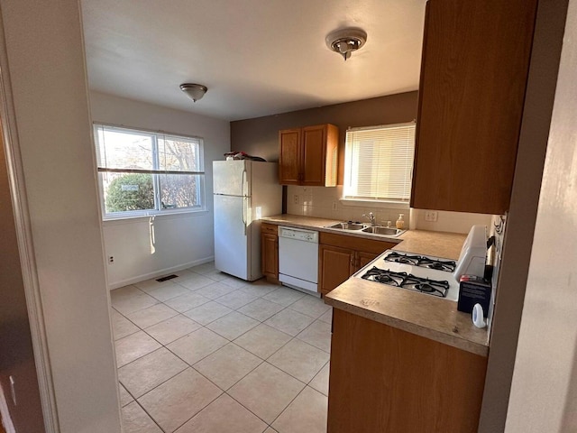 26235 Southwestern Hwy, Redford, MI 48239 - kitchen featuring white appliances, light tile patterned flooring, light countertops, brown cabinets, and backsplash
