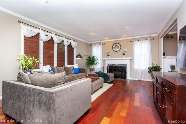 3845 Beechcrest, Rochester Hills, MI 48309 - living area featuring dark wood-type flooring, a premium fireplace, plenty of natural light, and ornamental molding