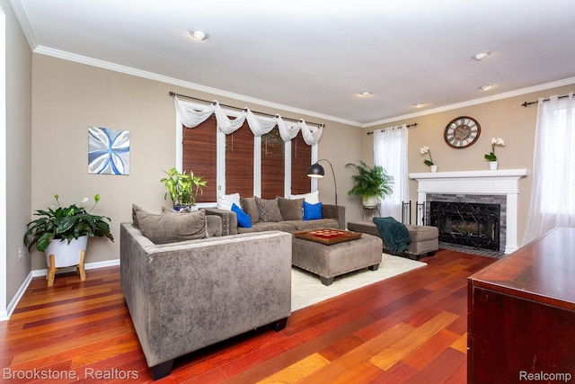3845 Beechcrest, Rochester Hills, MI 48309 - living room with a premium fireplace, wood finished floors, healthy amount of natural light, crown molding, and recessed lighting