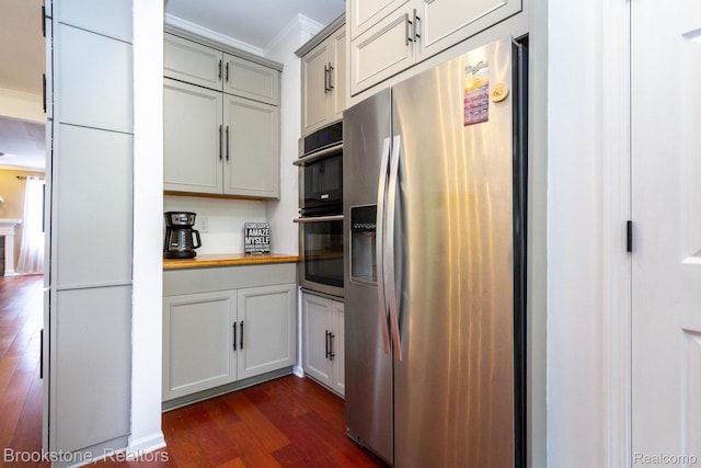 3845 Beechcrest, Rochester Hills, MI 48309 - kitchen featuring appliances with stainless steel finishes, ornamental molding, and dark wood-style flooring