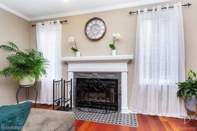 3845 Beechcrest, Rochester Hills, MI 48309 - living room with wood finished floors, ornamental molding, a fireplace with flush hearth, and healthy amount of natural light