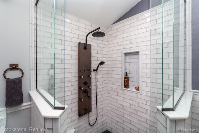 3845 Beechcrest, Rochester Hills, MI 48309 - full bathroom with lofted ceiling and tiled shower