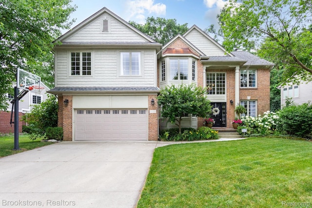 3845 Beechcrest, Rochester Hills, MI 48309 - view of front of house with brick siding, a garage, driveway, and a front lawn