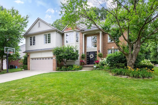 3845 Beechcrest, Rochester Hills, MI 48309 - view of front of home with brick siding, an attached garage, a front lawn, and concrete driveway