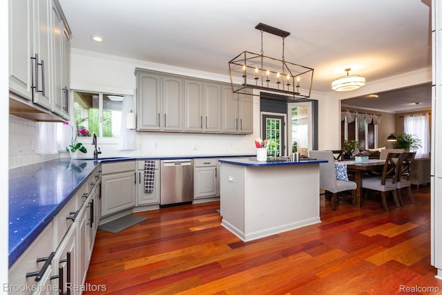 3845 Beechcrest, Rochester Hills, MI 48309 - kitchen with dishwasher, healthy amount of natural light, gray cabinets, recessed lighting, and crown molding