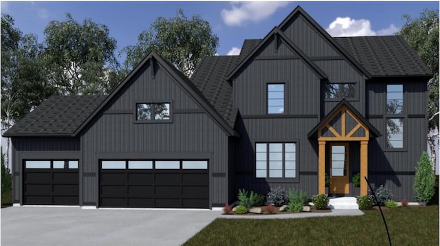9088 N 34th St, Richland, MI 49083 - modern inspired farmhouse with driveway, a shingled roof, a front yard, and a garage