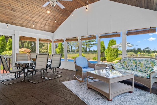 5160 Barker Rd, Jonesville, MI 49250 - sunroom with wood ceiling, high vaulted ceiling, ceiling fan, outdoor dining area, and outdoor lounge area