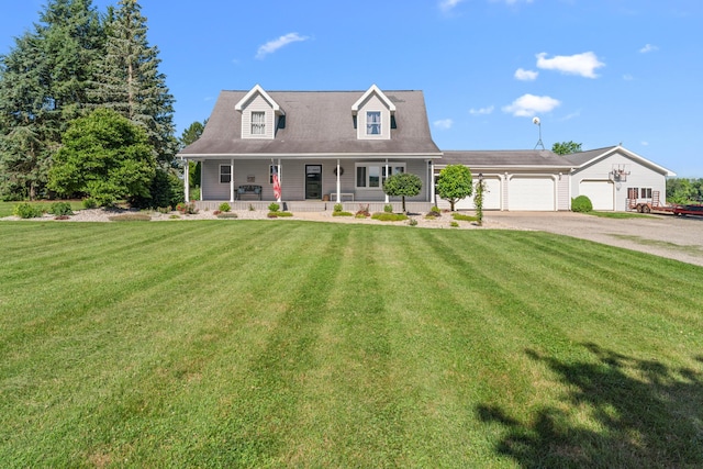 5160 Barker Rd, Jonesville, MI 49250 - cape cod-style house with an attached garage, a porch, asphalt driveway, and a front lawn