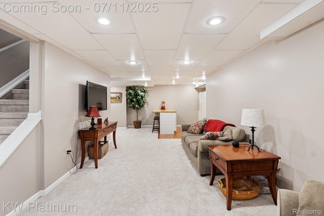 4317 Vassar Dr, Troy, MI 48085 - living area with light colored carpet, stairway, and recessed lighting